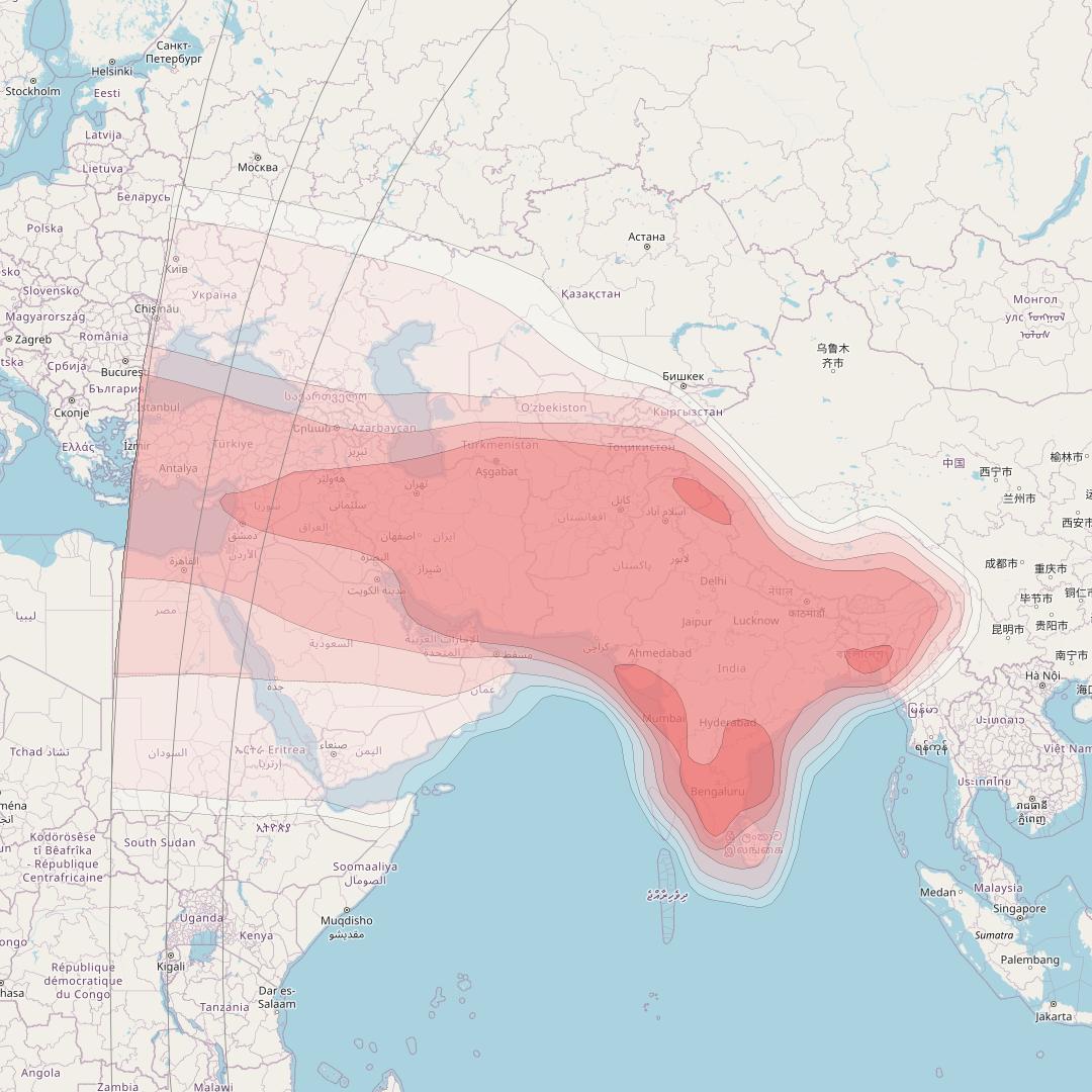 Asiasat 7 at 105° E downlink Ku-band South Asia beam coverage map