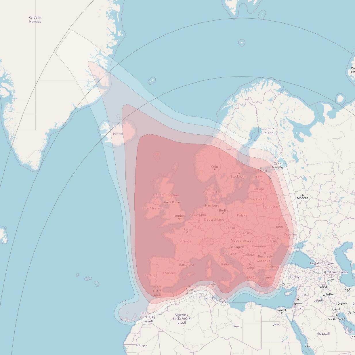 Astra 1N at 19° E downlink Ku-band Pan-European beam coverage map