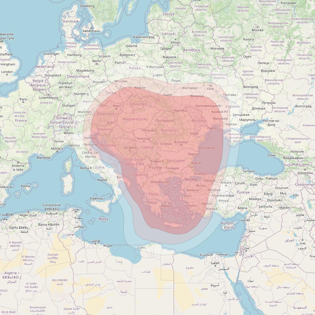 BulgariaSat-1 at 2° E downlink Ku-band Balkan beam coverage map