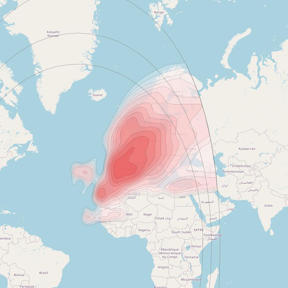 Hispasat 30W-5 at 30° W downlink Ku-band Europe beam coverage map