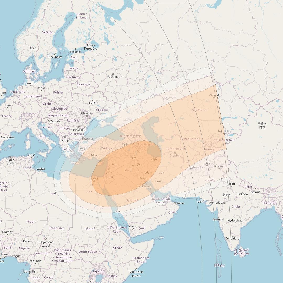 Amos 3 at 4° W downlink Ka-band Fixed Beam coverage map